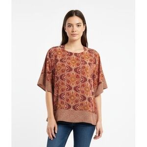 DR2 Multi-Color Cross Back Short Sleeve Geometric Print Blouse Size Large